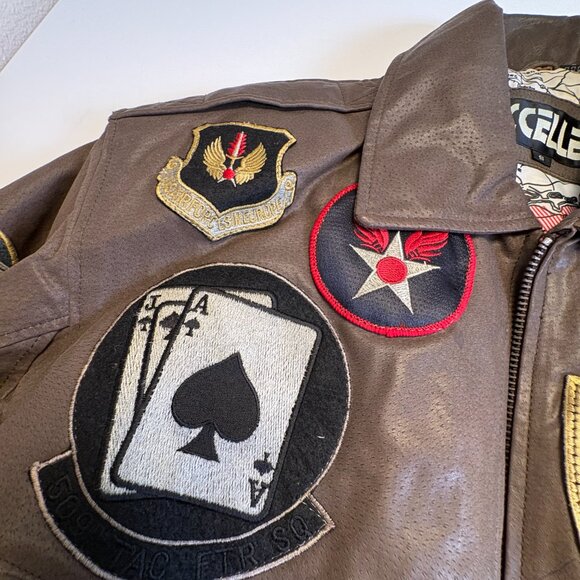 Vintage 80s Excelled Leather Bomber Jacket Patched Top Gun Flight A-2 Map Lining - Picture 8 of 12